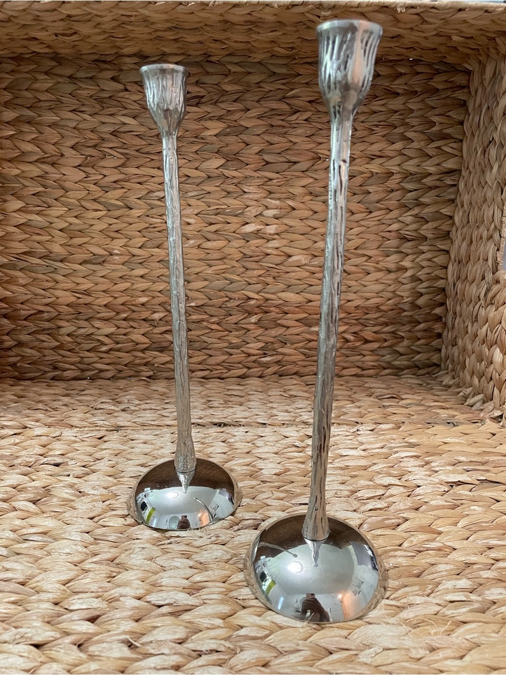 Vintage‎ Silver Toned Tree Branch Textured Metal Candle Holders 12”